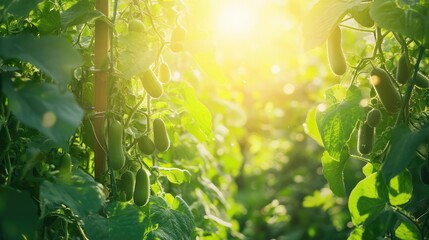 Poster - Naturally pollinated cucumber vines climbing trellis in organic garden, soft sun and green space for copy