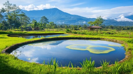 Poster - Natural pond beside farm used for irrigation and biodiversity, reflective water surface and landscape copy space