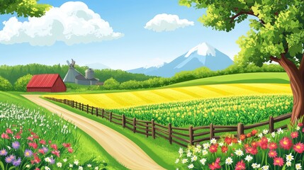 Poster - Organic farm with mixed crops growing side by side, bordered by wildflowers and natural fencing, with copy space in the frame