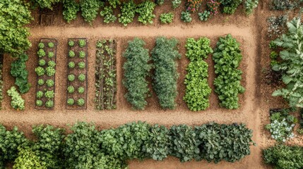 Poster - Sustainable orchard with mixed tree species and ground cover plants, long view with copy space for design