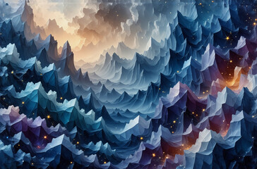 Poster - Abstract textured landscape with blue, purple, and orange peaks. Evokes mountains or waves with a dreamlike, artistic, and surreal feel.