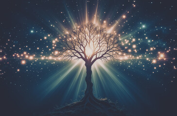 Wall Mural - a glowing tree silhouette stands against a dark, starry night sky. bright light radiates outwards, c