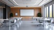 © Panunggal - Modern, bright, and spacious training room with round tables and white chairs, a large blank screen, and wood paneling.