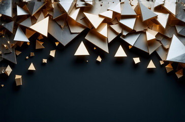 Poster - scattered gold and silver geometric shapes, including triangles and cubes, create an abstract and lu