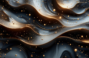 Poster - Abstract waves of grey and black flow with golden highlights.  Sparkling gold dots enhance the dynamic composition, creating a luxurious and fluid motion.