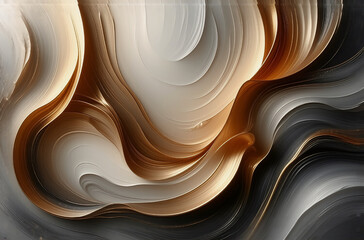 Poster - Abstract art featuring flowing, smooth shapes in gold, white, and dark grey. Elegant curves create a swirling, fluid design.
