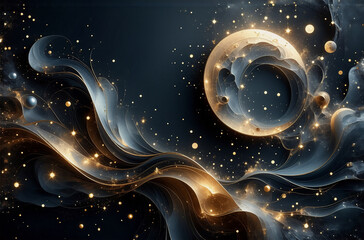 Wall Mural - a celestial sphere glows amidst swirling golden and smoky elements in a dark, dreamy cosmic scene. e