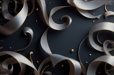 Poster - Elegant silver ribbons swirl on a dark surface, punctuated by scattered golden beads, creating a luxurious and sophisticated abstract design.