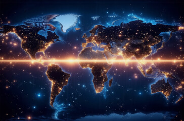Wall Mural - stylized digital world map with glowing lights, depicting global network connections across continen