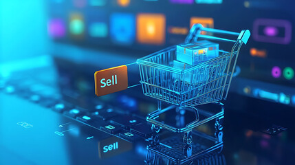 Poster - Online shopping cart interface digital marketplace graphic design tech environment close-up view e-commerce concept