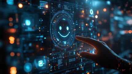 Poster - blue futuristic digital interface with a smiley face, hand hovering above the screen, neon glowing e