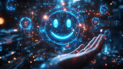 Poster - blue futuristic digital interface with a smiley face, hand hovering above the screen, neon glowing e