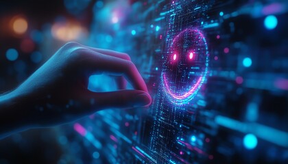 Poster - Futuristic blue digital interface with a smiley face, hand touching the screen, glowing technology elements, generative AI, highresolution digital design