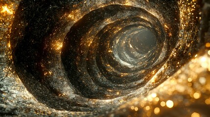 Poster - Golden Spiral Tunnel: Abstract Art, Glowing Particles, Dark Background, Luxury Texture, Shiny, Sparkling, Magic, Fantasy, Modern Design