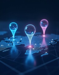 Poster - Illuminated glowing location markers on a digital world map, signifying global connections and network
