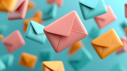 Poster - Pastel Envelopes Flying on Digital Pattern Background