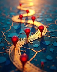 Poster - a conceptual image showing a golden path with red markers on a digital circuit board