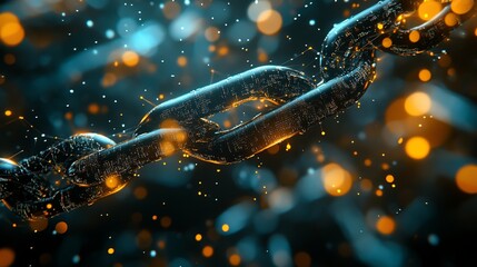 Poster - abstract digital chain link network technology background dark blue orange glowing particles futuris