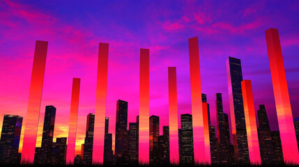 Poster - Urban sunset skyline with vibrant columns cityscape digital art twilight aesthetic