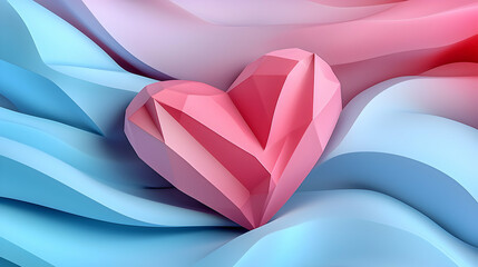 Poster - Pink Faceted Heart on Abstract Blue and Pink Wave Background