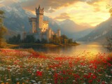 Majestic castle at sunset surrounded by vibrant wildflowers and mountains
