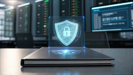 Poster - Digital Hologram of Shield with Lock on Folder in Modern Office Space