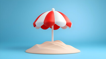 Poster - Red and White Striped Beach Umbrella on a Small Sand Dune Against a Light Blue Background