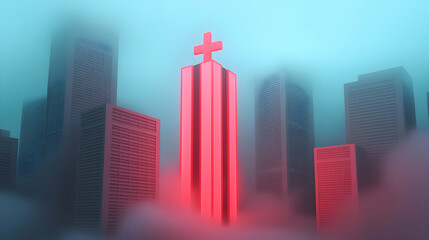 Poster - Red Illuminated Cross Tower Cityscape at Dusk