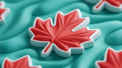Poster - Red Maple Leaf on Teal Wavy Background