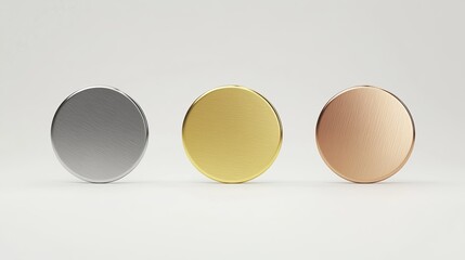 Poster - Three Metallic Circles Silver Gold Copper Brushed Metal Texture Round Shapes Minimalist Design Modern Abstract Background Elegant Premium Quality     
