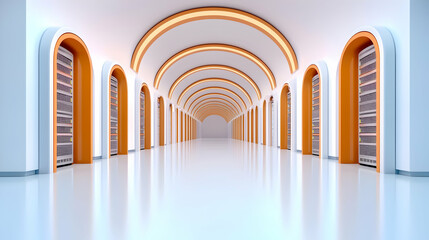 Poster - Sleek White Hallway with Orange Arches and Doors