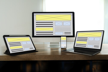 Poster - Website Internet Homepage UX developer and Designing a responsive website interface on a laptop at the office