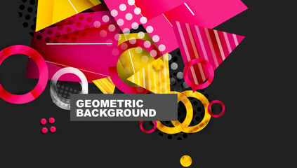 Aufkleber - Abstract geometric composition. Vivid pink, yellow elements overlap dark background. Circles, triangles, lines create dynamic visual experience. Modern design.