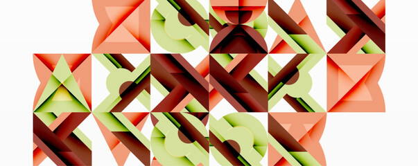 Poster - Abstract geometric pattern. Repeating triangular shapes create complex interwoven design using shades orange, green, brown. Minimalist aesthetic, clean lines, modern visual.