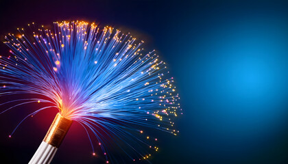 Poster - Colorful fiber optic strands emitting light against a dark background, creating a vibrant, dynamic visual effect