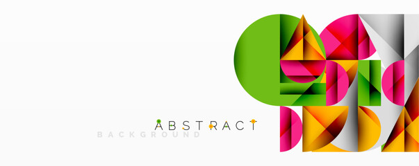 Aufkleber - Bright geometric shapes overlap creating dynamic composition. Vivid colorsgreen, pink, orange, yellowform abstract design on white background. Modern, clean aesthetic.
