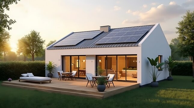 Modern Eco-Friendly House with Solar Panels and Wooden Deck at Sunset