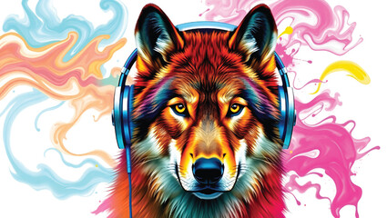  Colorful Wolf with Headphones in Abstract Style