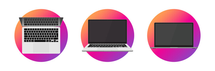 Poster - Realistic Laptop and Notebook Computer Mockup – 3D Vector Set of Blank Screens in Front, Top, and Perspective Views for UI, Web, and App Design