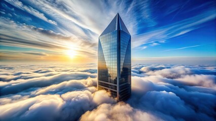 Wall Mural - a modern skyscraper pierces a sea of clouds at sunrise, illuminated by golden rays