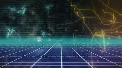 Poster - Glowing network connections in futuristic digital grid landscape with animation patterns