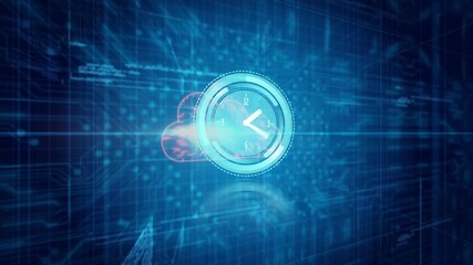 Poster - Digital clock interface with futuristic blue and red cloud data animation