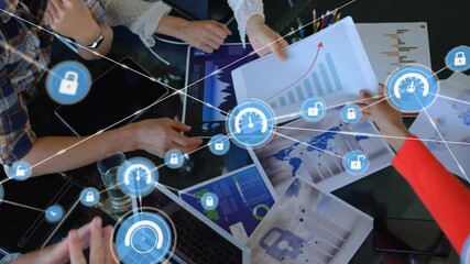 Poster - Analyzing charts with digital security icons overlay, business team in meeting room
