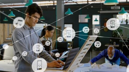 Poster - Working on laptops, diverse team with animation of digital network icons