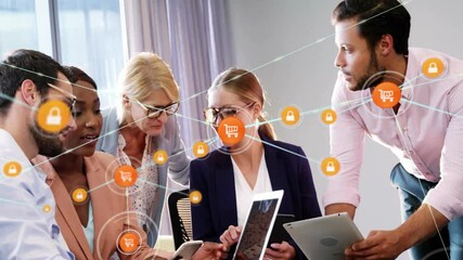 Poster - Collaborating in office, diverse business team engaging with digital animation overlay