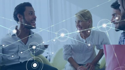 Poster - Discussing in office, people with network connections animation overlay on screen