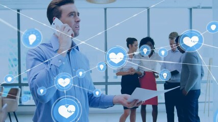 Poster - In office, businessman on phone with digital network animation over colleagues