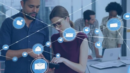 Poster - Collaborating in office, business professionals using digital network animation for project