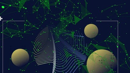 Poster - animation of green geometric shapes and spheres forming abstract digital network