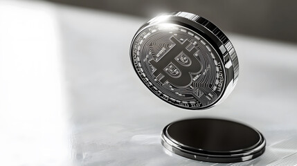 Poster - Floating bitcoin cryptocurrency digital realm stock image modern technology close-up view financial concept